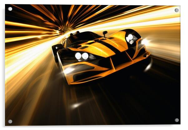 A fast modern hyper car with lightbeams showing the speed. Acrylic by Michael Piepgras