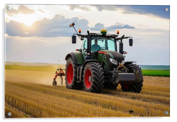 A large tractor working on a field with big machines. Acrylic by Michael Piepgras