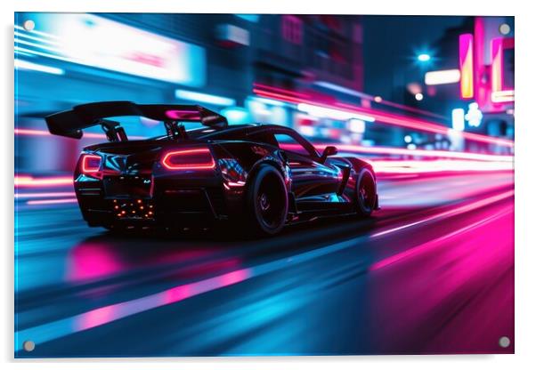 A low angle view of a fast driving sports car with neon lights o Acrylic by Michael Piepgras