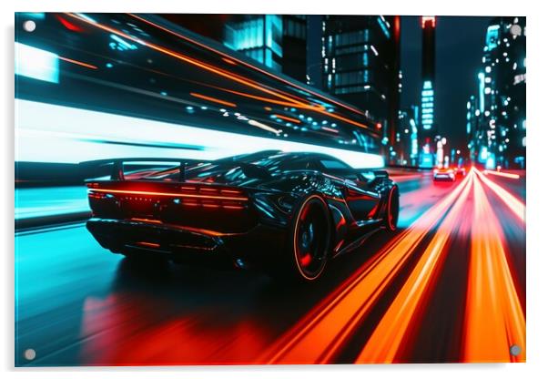 A low angle view of a fast driving sports car with neon lights o Acrylic by Michael Piepgras