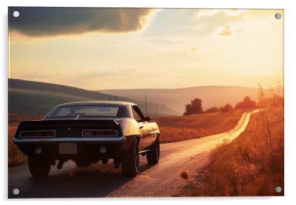 A muscle car driving into the sunset. Acrylic by Michael Piepgras