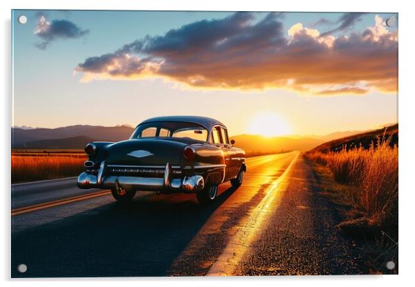 A vintage car driving into the sunset. Acrylic by Michael Piepgras