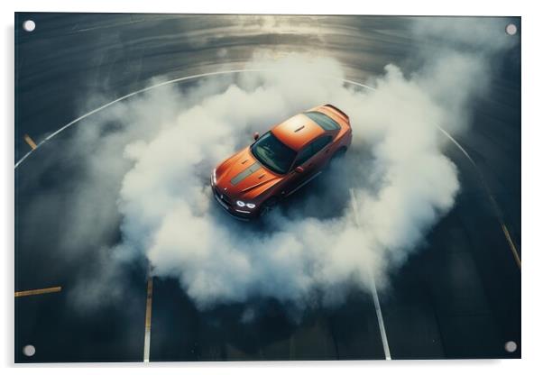 Aerial view of a sports car making donuts. Acrylic by Michael Piepgras