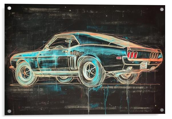 Chalk drawing of a muscle car on a blackboard. Acrylic by Michael Piepgras