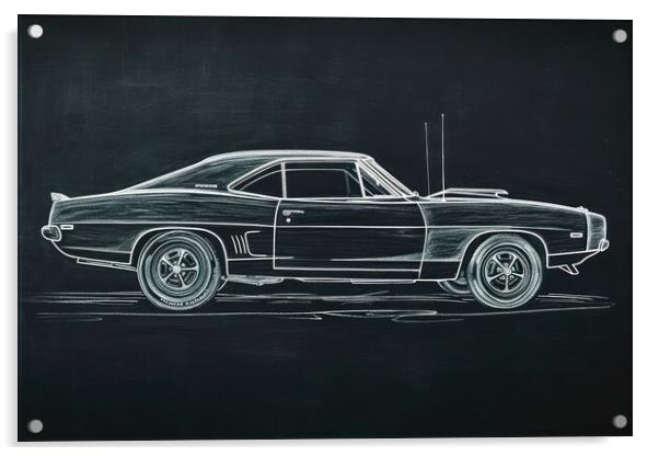 Chalk drawing of a muscle car on a blackboard. Acrylic by Michael Piepgras