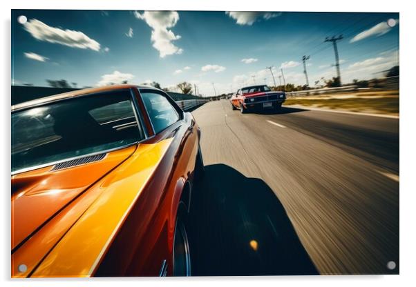 Doing a race with a another muscle car in a close up view. Acrylic by Michael Piepgras