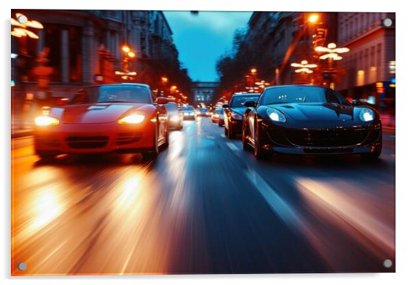 Fast cars in a race on a city road. Acrylic by Michael Piepgras