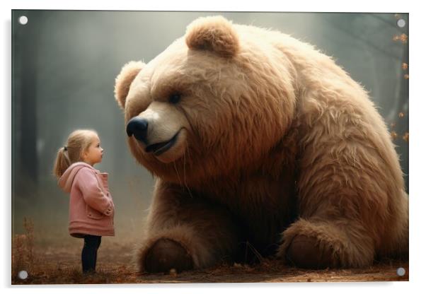 A cute big teddybear and a little girl. Acrylic by Michael Piepgras