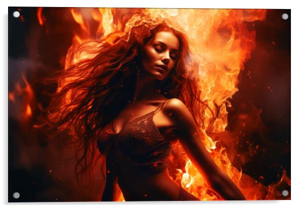A goddess woman wearing a tight dress made of fire. Acrylic by Michael Piepgras