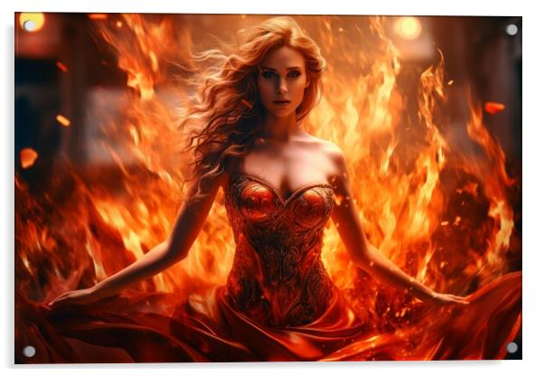 A goddess woman wearing a tight dress made of fire. Acrylic by Michael Piepgras