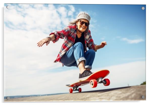 A retired woman having fun on a skateboard. Acrylic by Michael Piepgras