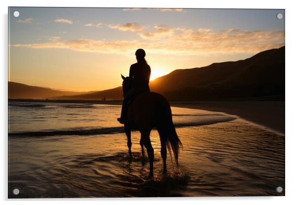 A woman riding on a horse at a beautiful beach. Acrylic by Michael Piepgras