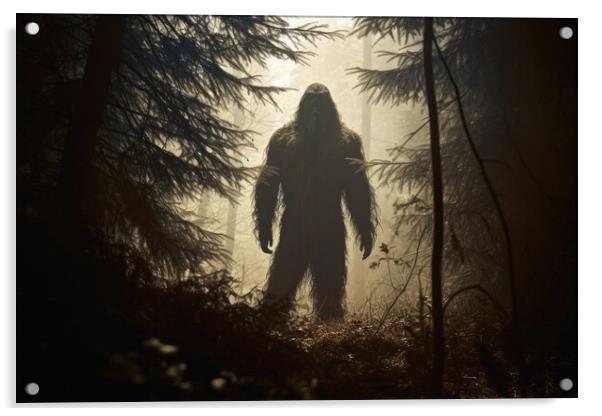 Rare shot of the mysterious bigfoot in a forest. Acrylic by Michael Piepgras