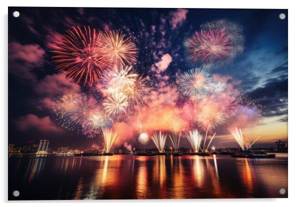 An impressive happy new year fireworks. Acrylic by Michael Piepgras