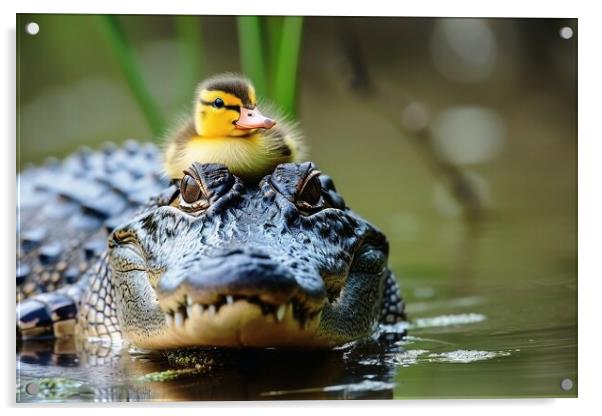 A crocodile is protecting a little duck. Acrylic by Michael Piepgras