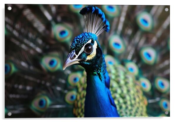 A beautiful peacock shows off its magnificent feathers. Acrylic by Michael Piepgras