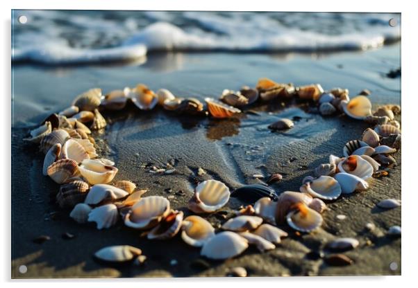 A heart shape made of shells at a beach. Acrylic by Michael Piepgras
