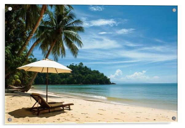 A deck chair and parasol on a secluded dream beach with palm tre Acrylic by Michael Piepgras