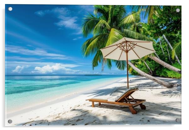 A deck chair and parasol on a secluded dream beach with palm tre Acrylic by Michael Piepgras