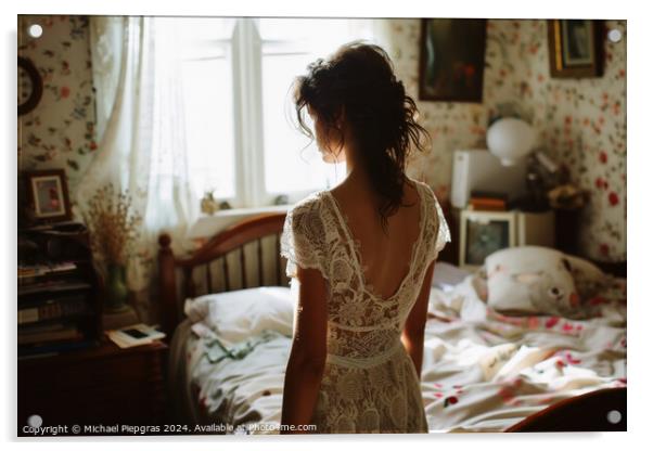 A woman in her bedroom in a lace dress. Acrylic by Michael Piepgras