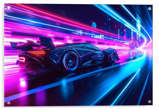 A fast car in a futuristic neon light city. Acrylic by Michael Piepgras