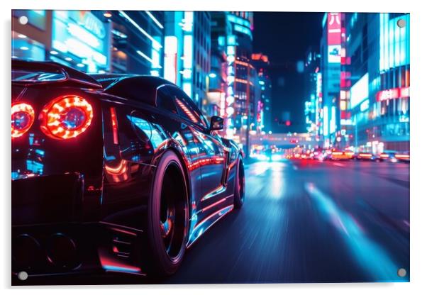 A fast car with glowing headlights driving through a bustling ci Acrylic by Michael Piepgras