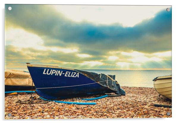 Boat on Budleigh Beach with Sun Rays Acrylic by Adrian Burgess