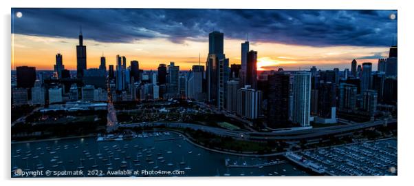Panoramic Aerial Chicago sunset view of harbor shoreline marina Acrylic by Spotmatik 