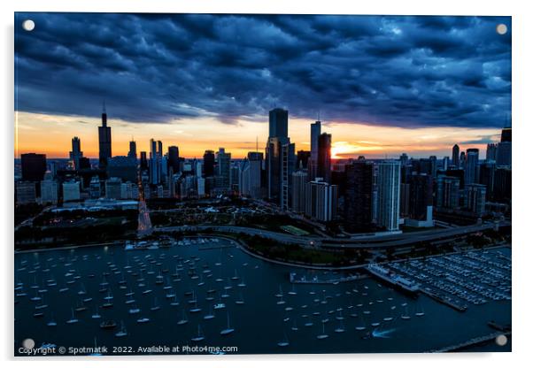 Aerial sunset storm view Chicago Waterfront Millennium Park USA Acrylic by Spotmatik 
