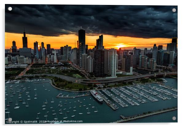 Aerial sunset storm Chicago Waterfront Millennium Park USA Acrylic by Spotmatik 