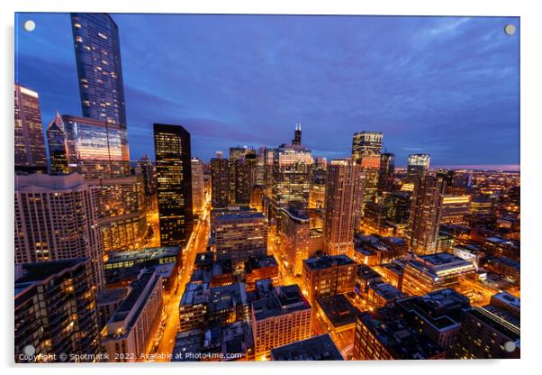 Aerial Chicago skyscrapers illuminated at dusk Trump Tower  Acrylic by Spotmatik 