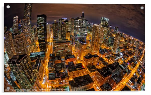 Aerial wide angle night view illuminated Chicago skyline  Acrylic by Spotmatik 