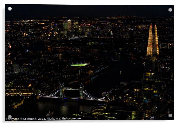 Aerial illuminated London Tower Bridge river Thames travel Acrylic by Spotmatik 