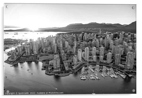Aerial sunset over Vancouver skyscrapers False Creek Canada Acrylic by Spotmatik 