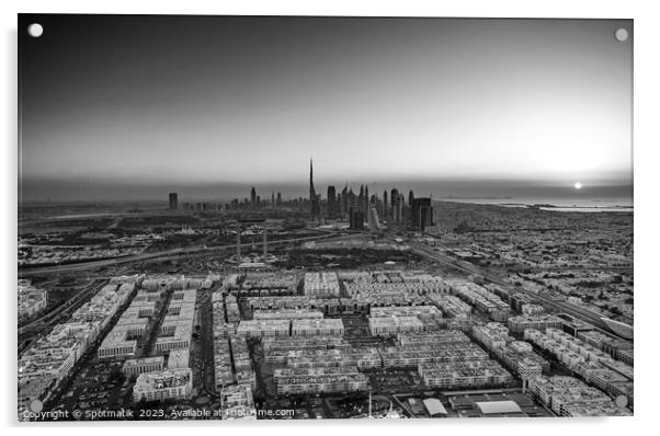 Aerial Dubai sunrise commercial suburbs skyscraper Acrylic by Spotmatik 