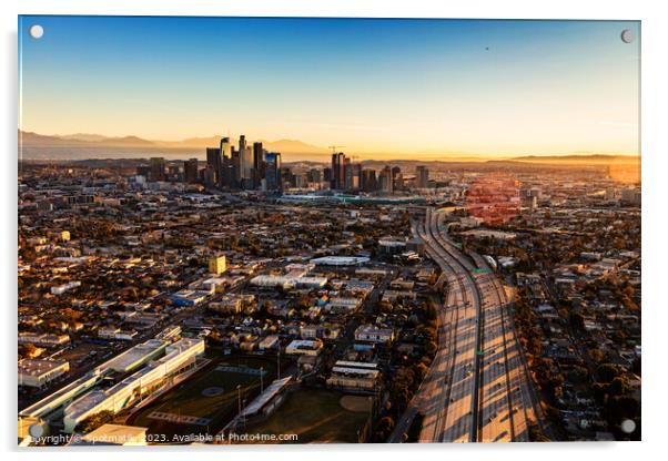 Aerial sunrise view of downtown Los Angeles Freeway  Acrylic by Spotmatik 