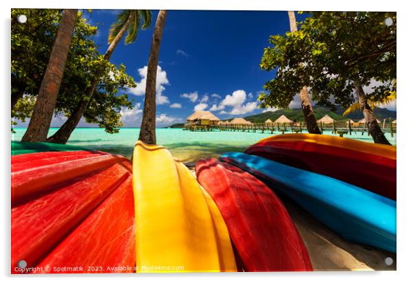 Bora Bora kayak boats Overwater Bungalows tropical lagoon  Acrylic by Spotmatik 