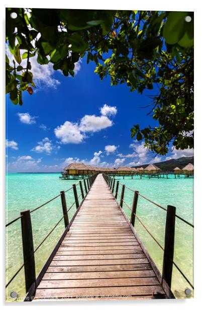 Bora Bora walkway across lagoon luxury Overwater bungalows  Acrylic by Spotmatik 