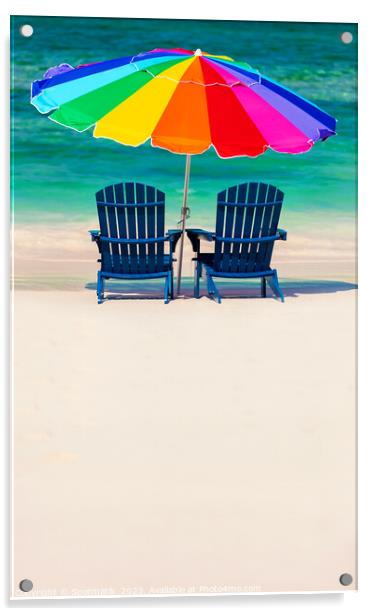 Bahamas colorful sun umbrella and two beach beds  Acrylic by Spotmatik 