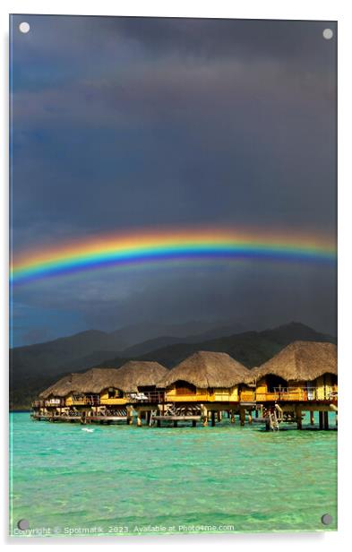 Rainbow arch over Bora Bora luxury Overwater bungalows  Acrylic by Spotmatik 