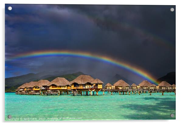 Bora Bora rainbow near Overwater Bungalows French Polynesia  Acrylic by Spotmatik 