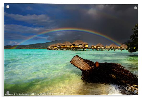 Rainbow over Bora Bora Island Hotel Overwater bungalows  Acrylic by Spotmatik 