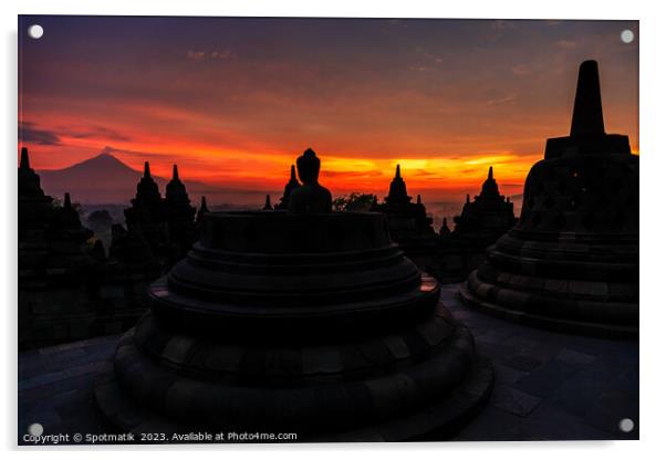 Sunrise over Borobudur religious stone temple Indonesia Asia Acrylic by Spotmatik 