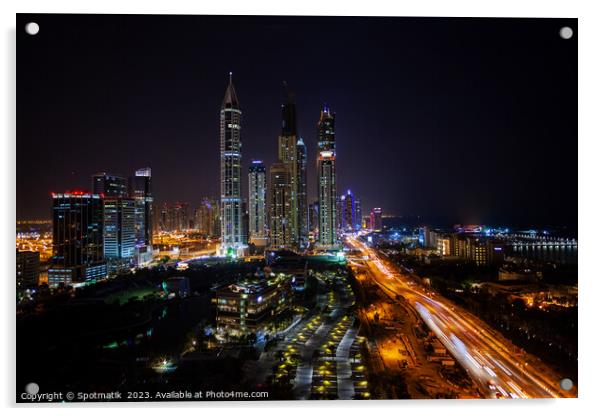 Night illuminated view Skyscrapers Sheikh Zayed road Dubai  Acrylic by Spotmatik 