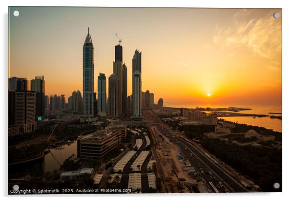 Dubai sunset Sheikh Zayed Road Media city skyscrapers  Acrylic by Spotmatik 