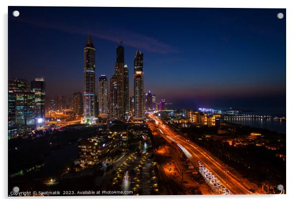Dubai dusk illuminated view Sheikh Zayed city skyscrapers  Acrylic by Spotmatik 