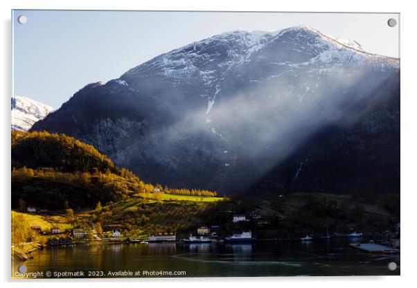 Norwegian sunlight beaming though light mist glacial fjord  Acrylic by Spotmatik 