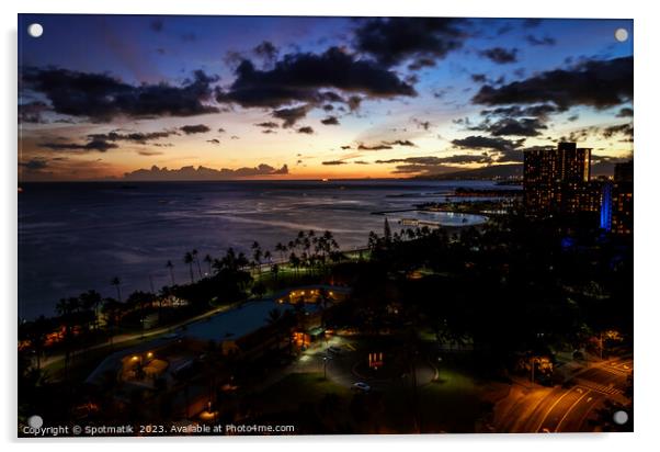 Waikiki sunset illuminated view at dusk Pacific ocean Acrylic by Spotmatik 