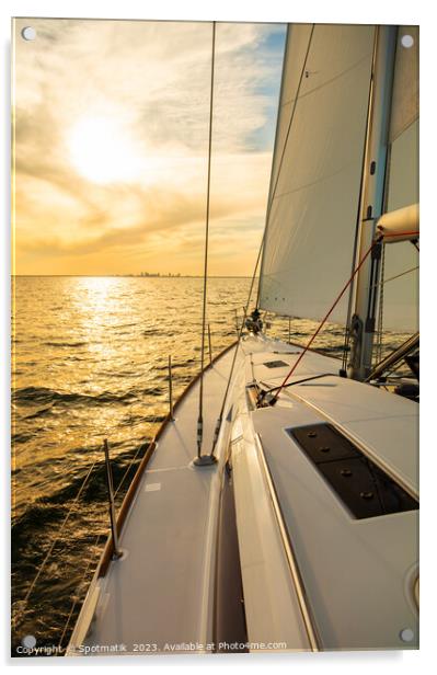 Luxury yacht sailing towards distant horizon at sunset Acrylic by Spotmatik 