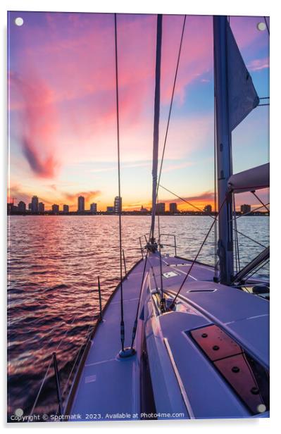 Sailing luxury yacht at sunset with cityscape view Acrylic by Spotmatik 